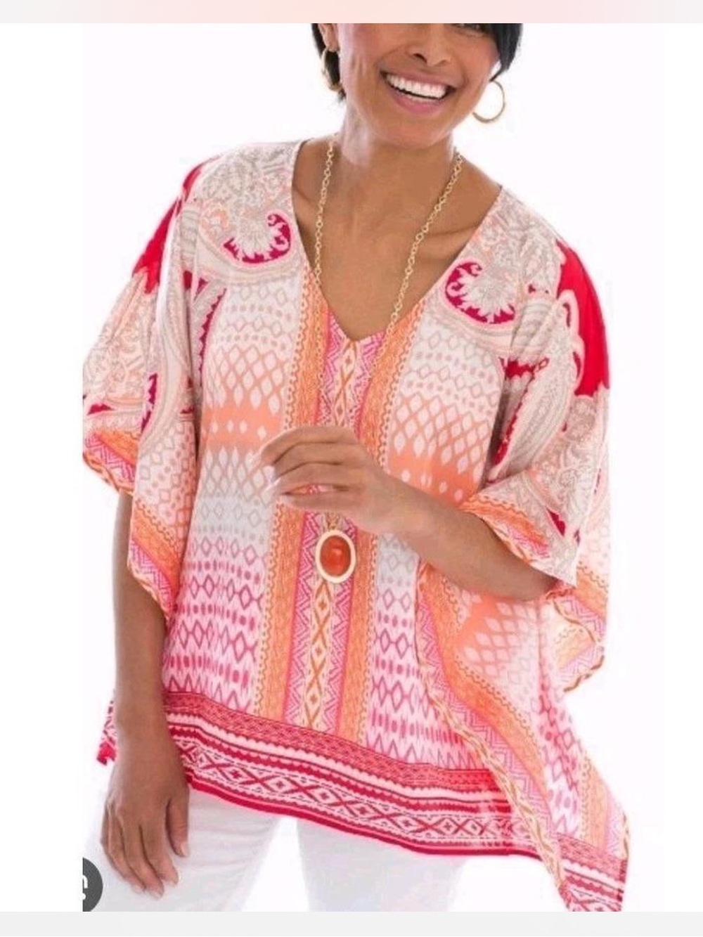 Chico’s Satin Pink and Orange Paisley Square Poncho Top